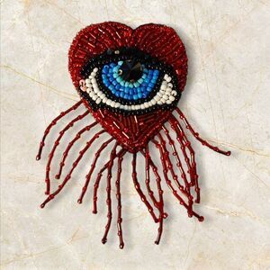 Murka Designer's Hand Beaded Elegant Red Heart Blue Evil Eye Brooch Medium Size